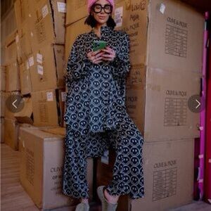 Dressed in LALA oversize button-up satin smiley pants & shirt set